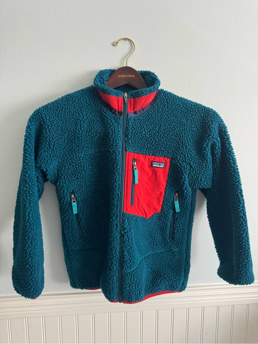 Patagonia Teal Sherpa Retro X Jacket with Red Chest Pocket Kids M 10